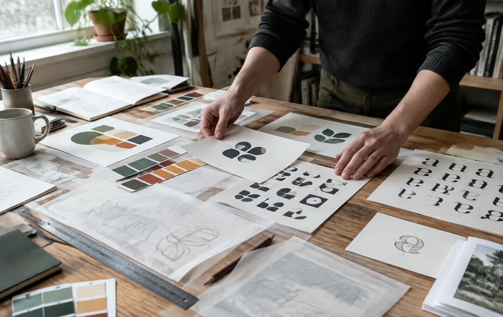 Brand identity studies being arranged in the studio